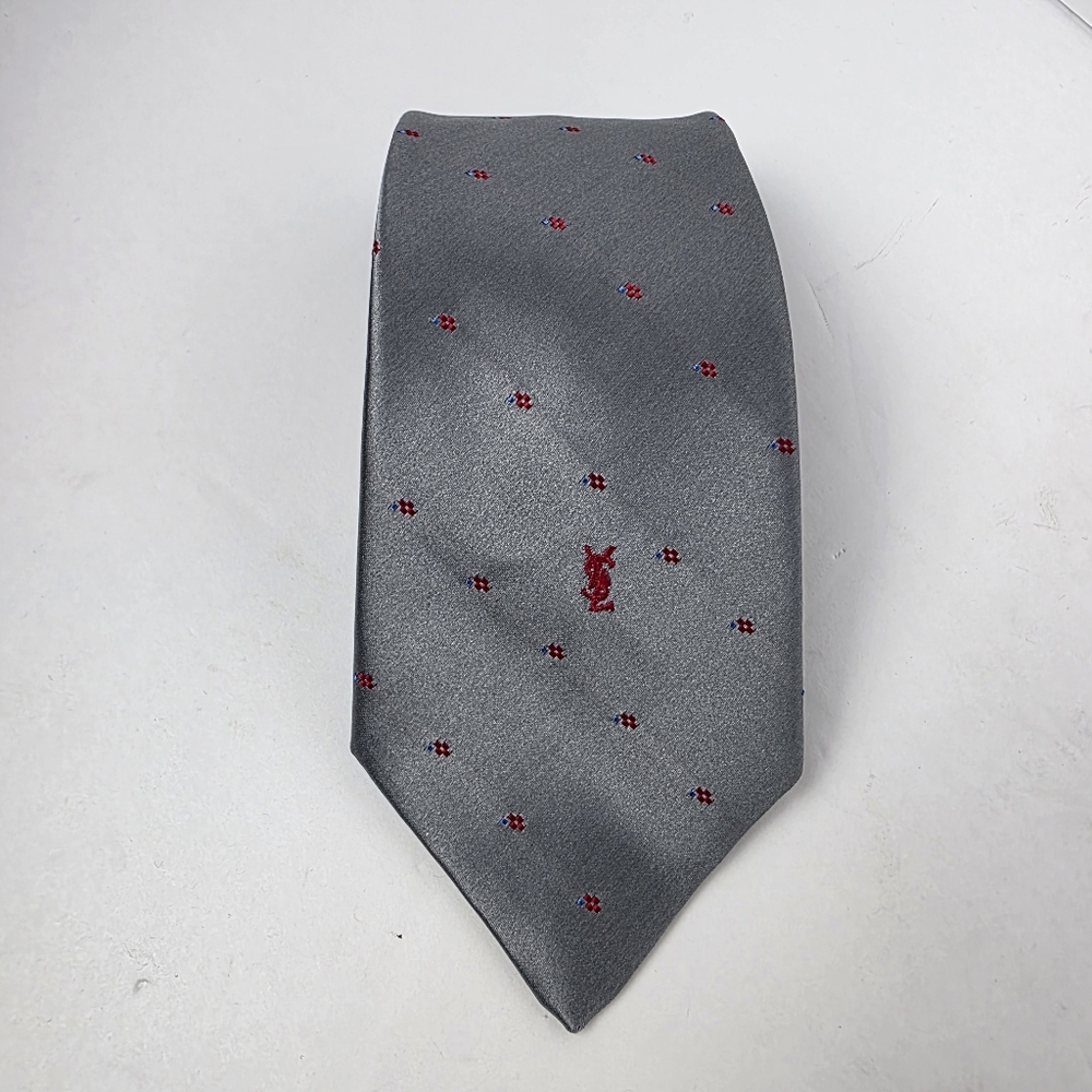 Yves Saint Laurent Vintage Logo Embroidered Necktie Mens Gray Red
